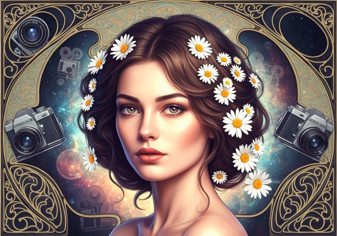 Elegant Woman with Daisies in Art Nouveau Style