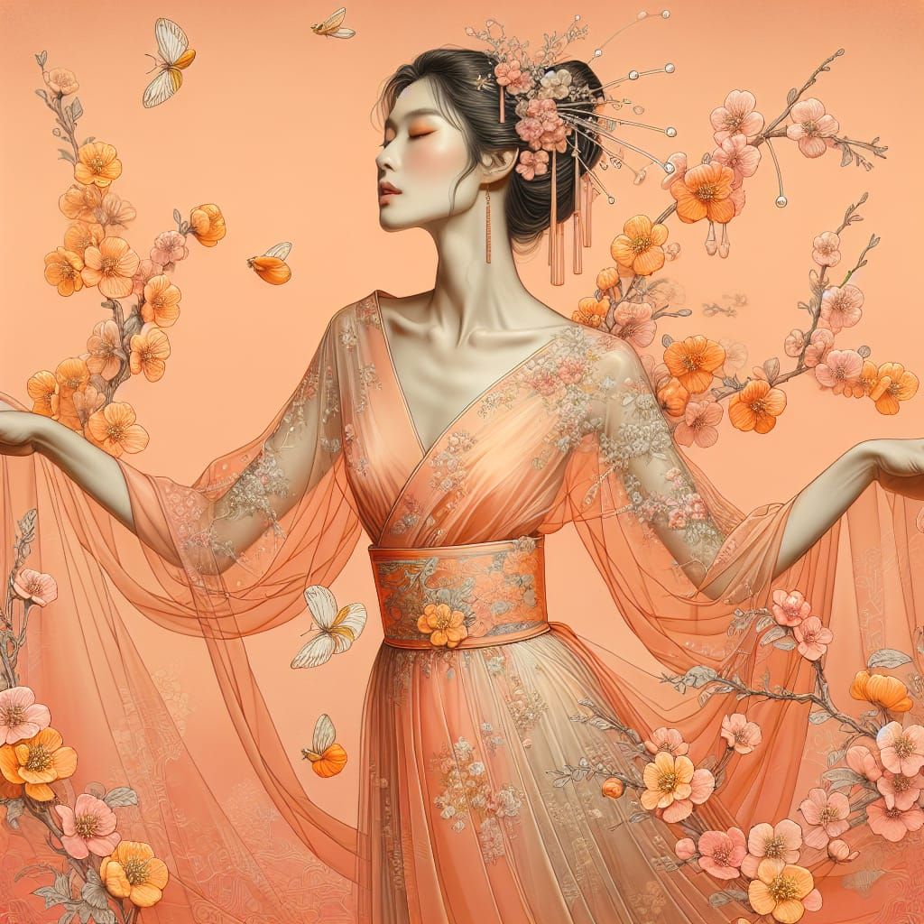 Elegant Asian Woman in Blossoms, Art Nouveau Style