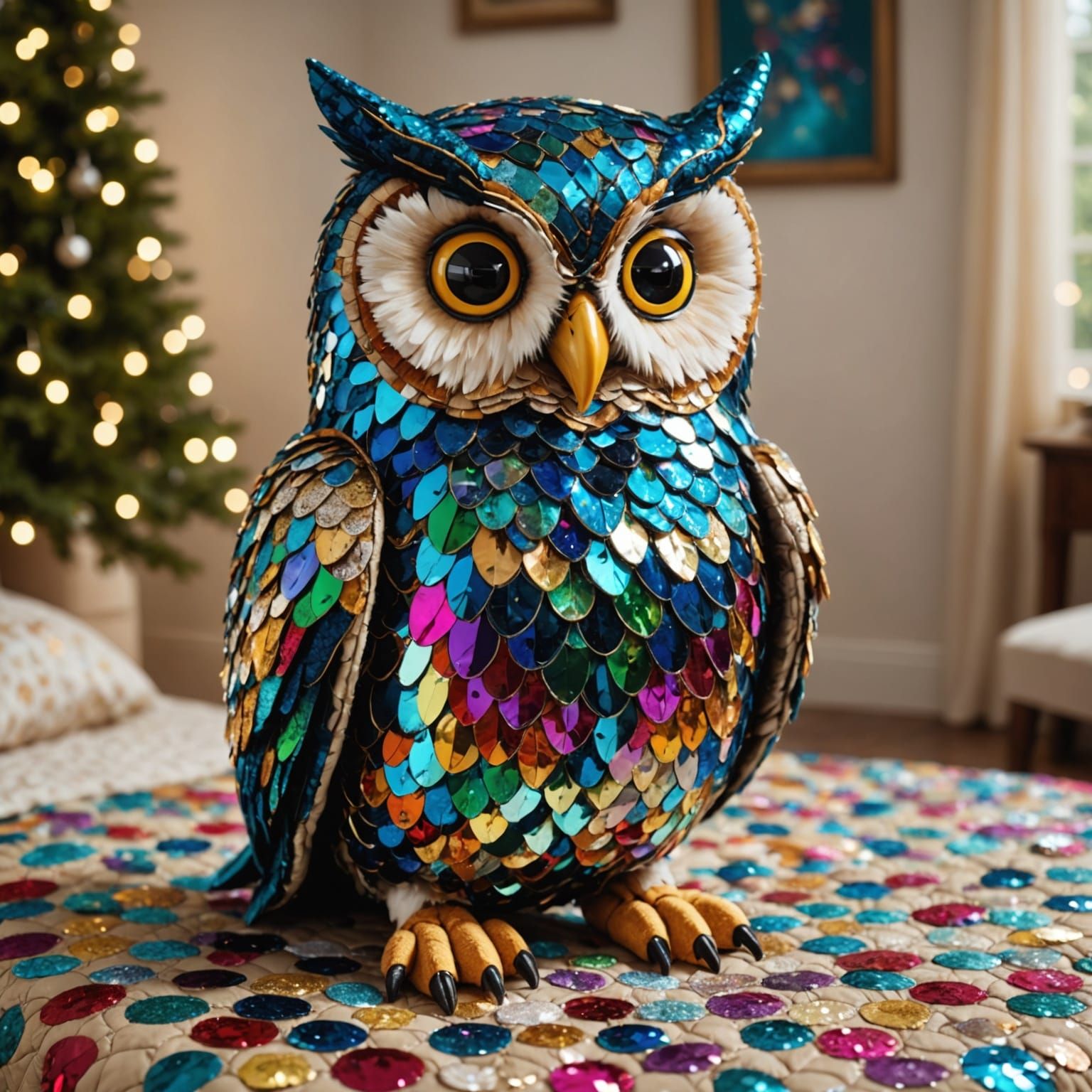 Hyper Realistic Sequined Owl on Quilted Blanket