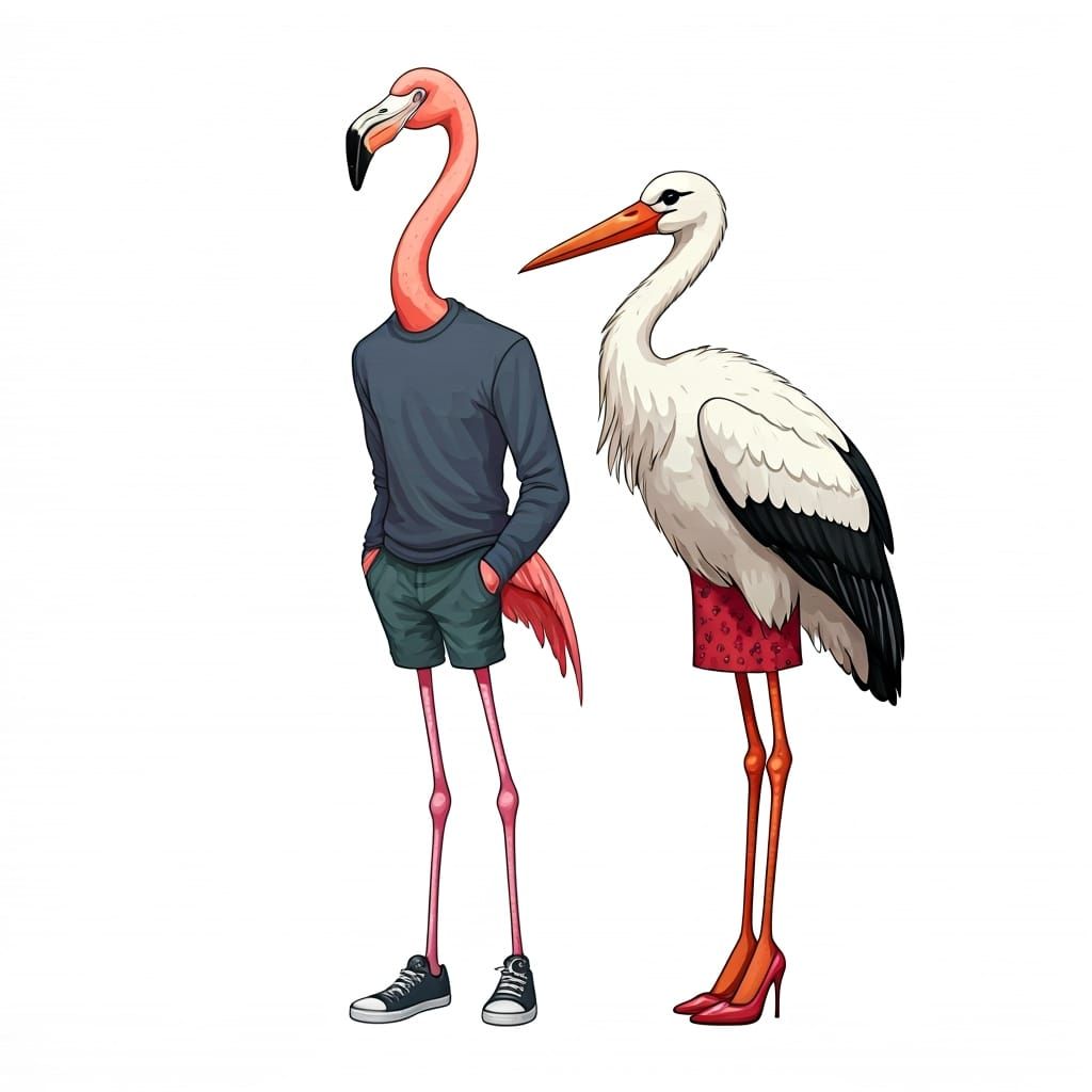 Anthropomorphic Flamingo and Stork in Fashionable Outfits