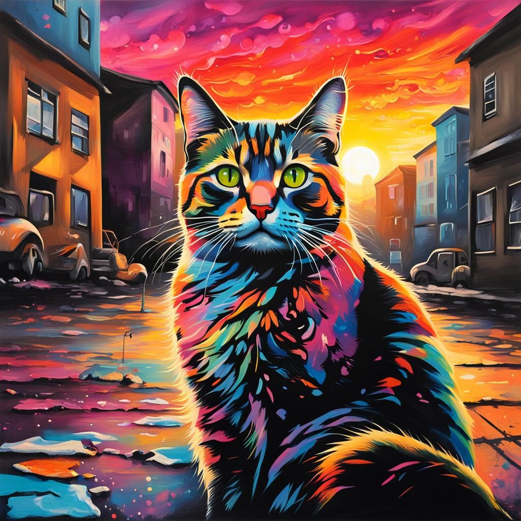 Cat Watches Sunset in Graffiti Splash Art Style