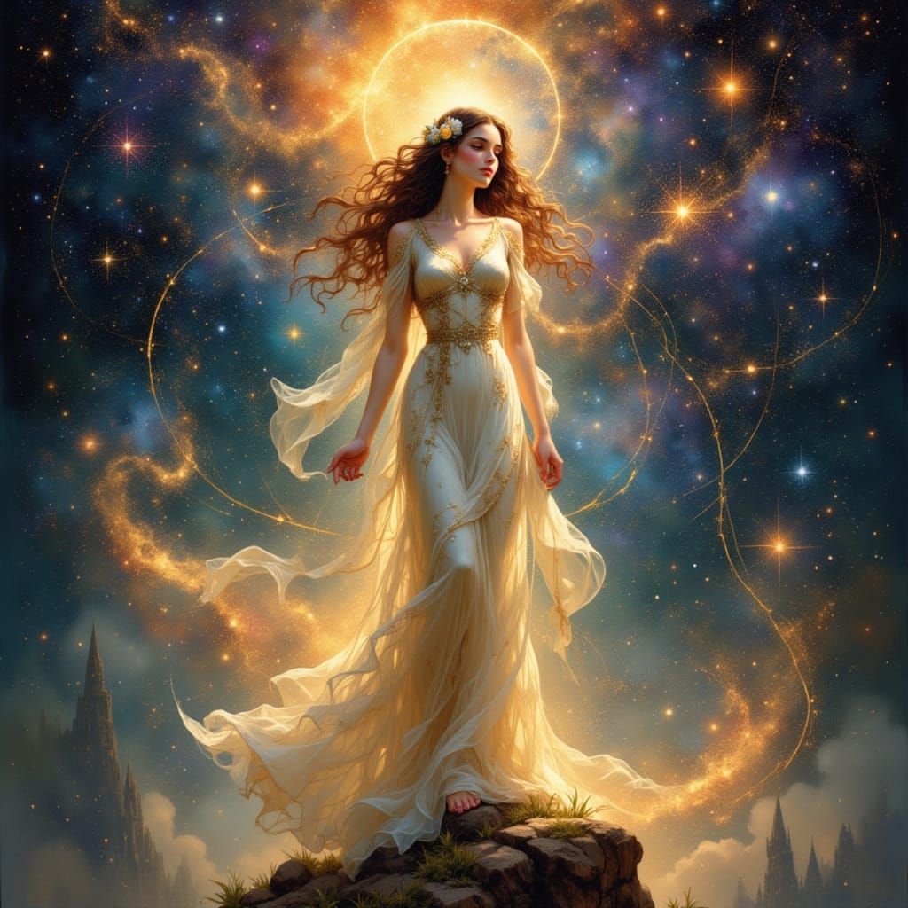 Ethereal Goddess Playing Harp at Nebula Edge