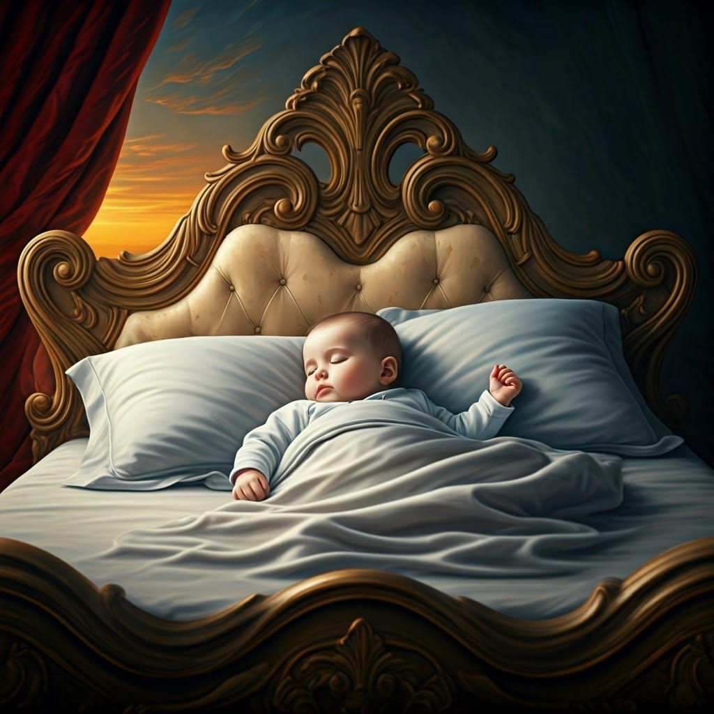 Surreal Infant Slumbers in Grand, Ornate Bed with Melting Su...