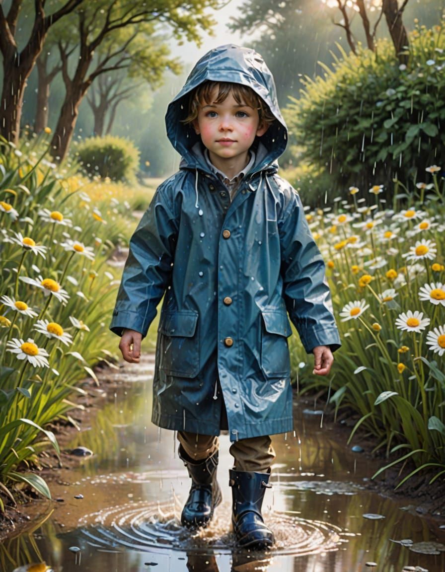 Whimsical Watercolor Illustration of Boy Playing in Rain Pud...