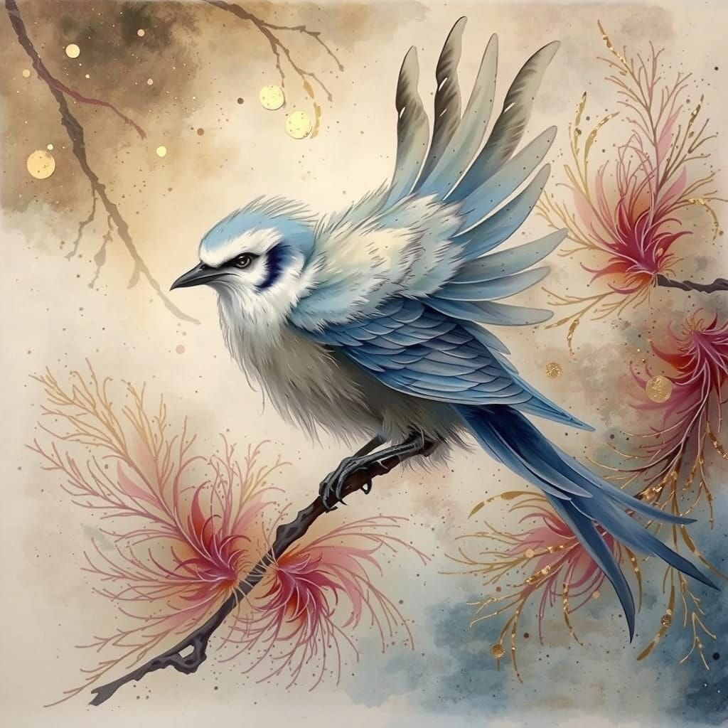 Fluffy Bird in Serene Chinese Landscape Painting