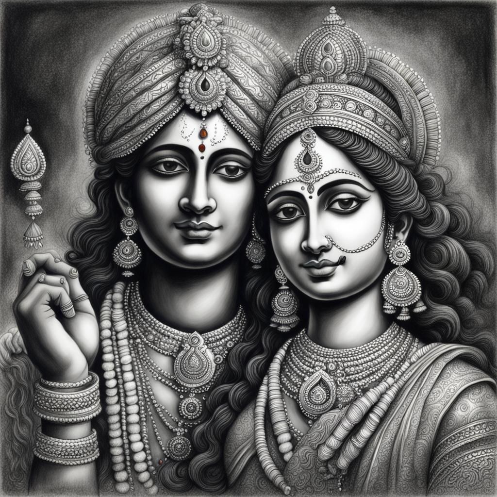 Radha Krishna in Detailed Charcoal Drawing