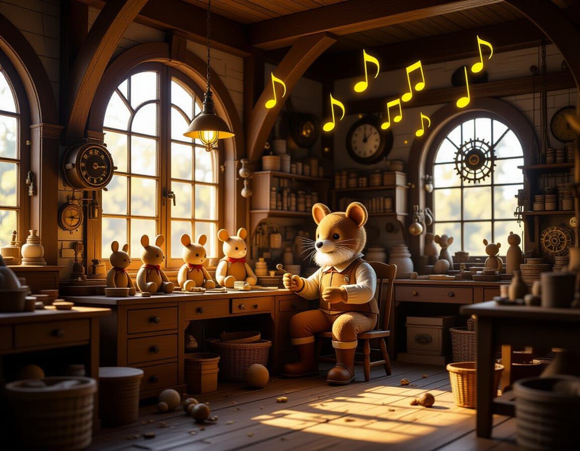Cozy Toymaker's Workshop with Magical Musical Notes