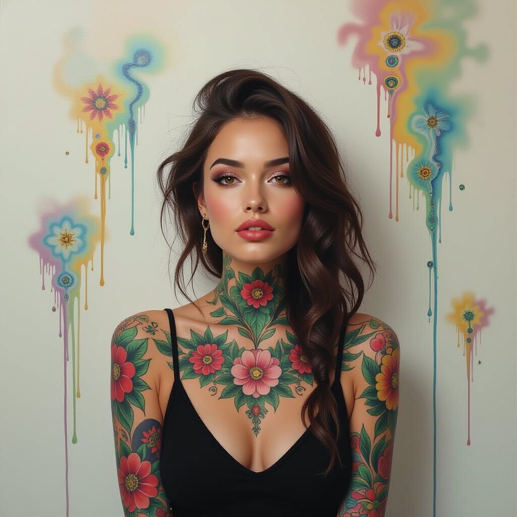 Surreal Tattooed Woman in Dreamlike Scene