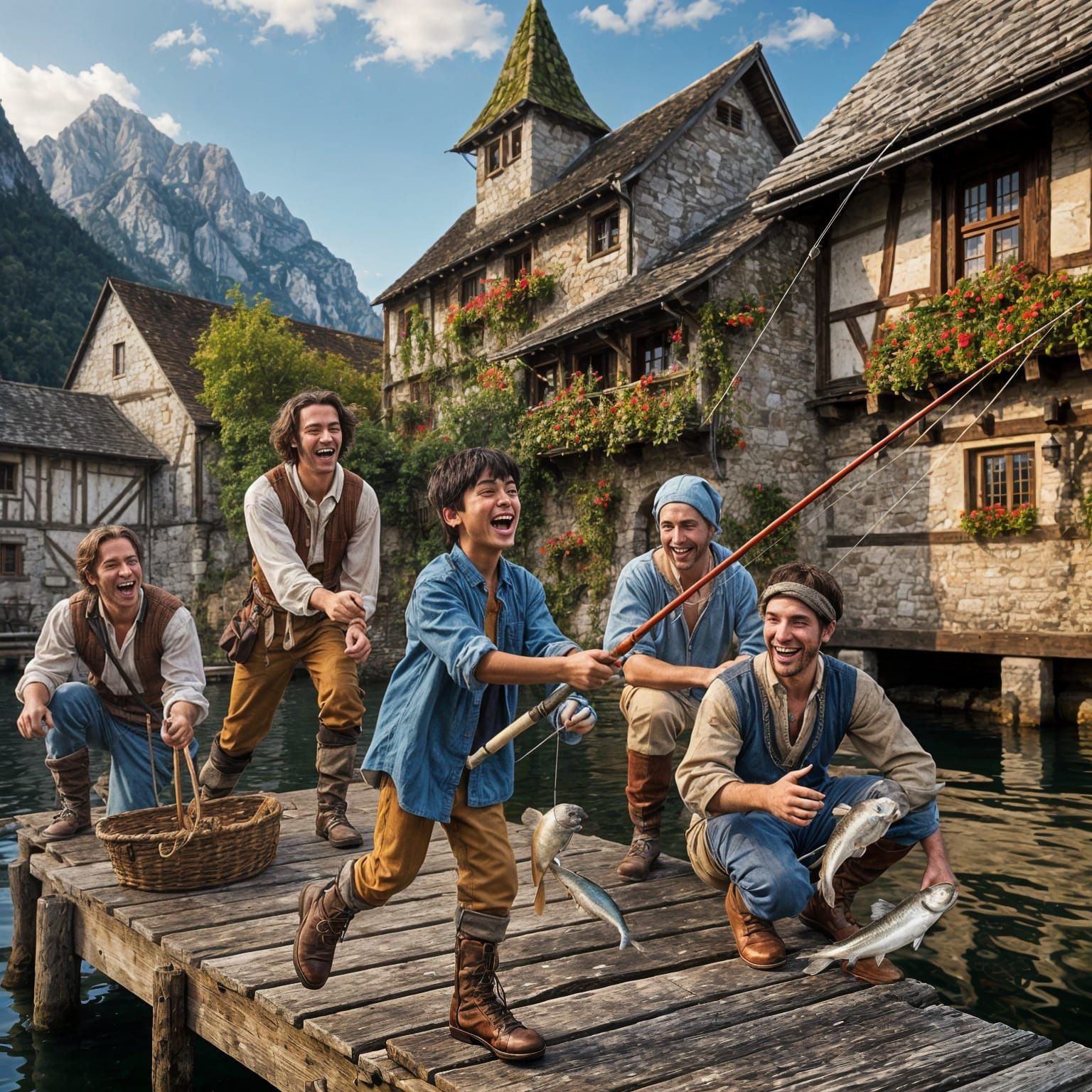 Brothers Fishing in a Medieval Village