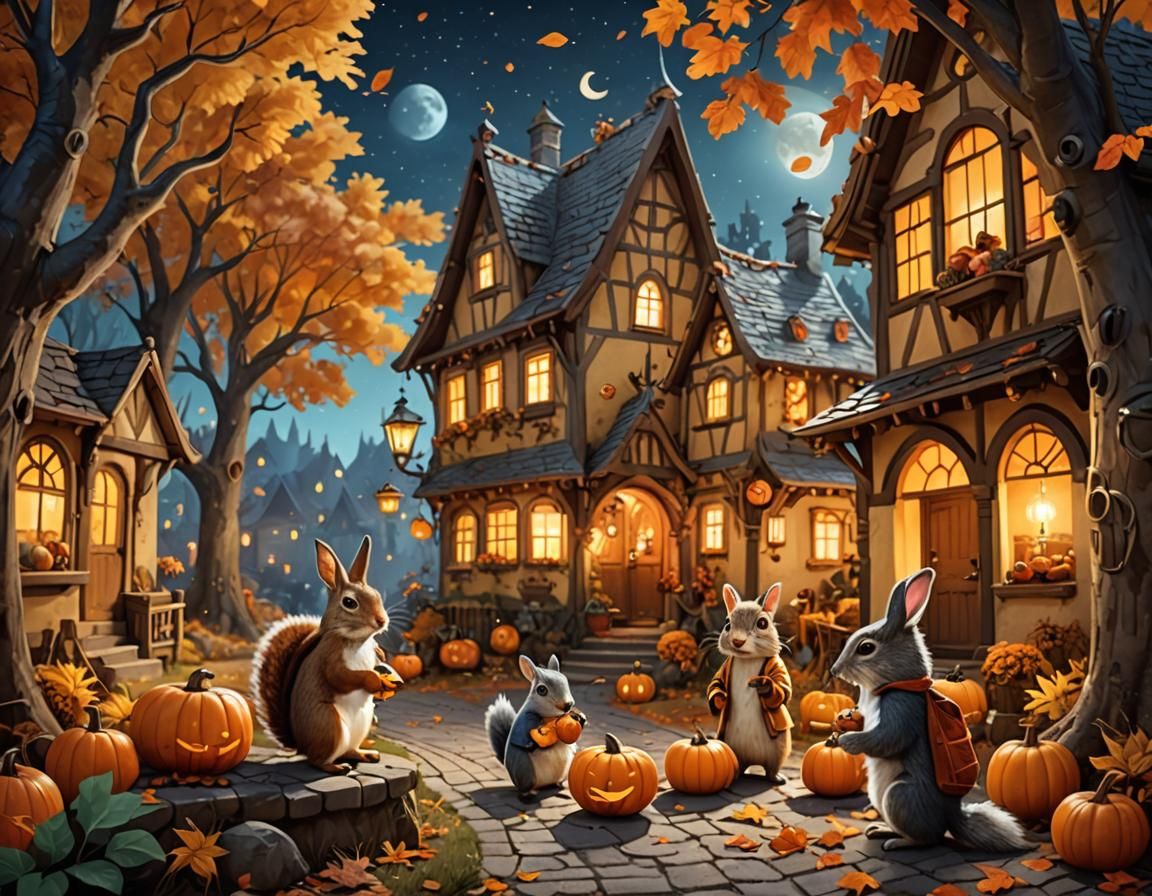 Forest Animals Celebrate Halloween in Cozy Courtyard