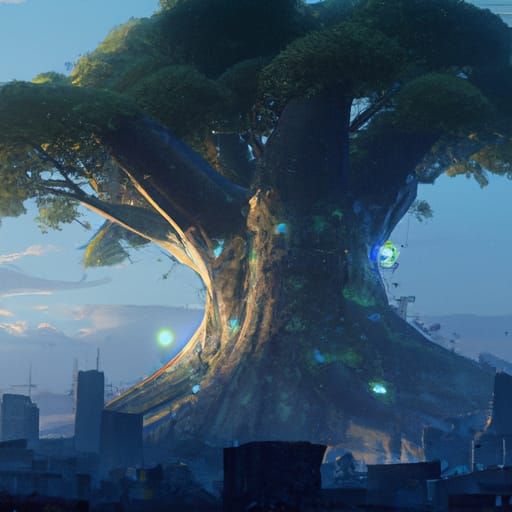 Giant Tree Looms Over New York City in Dark Fantasy Style