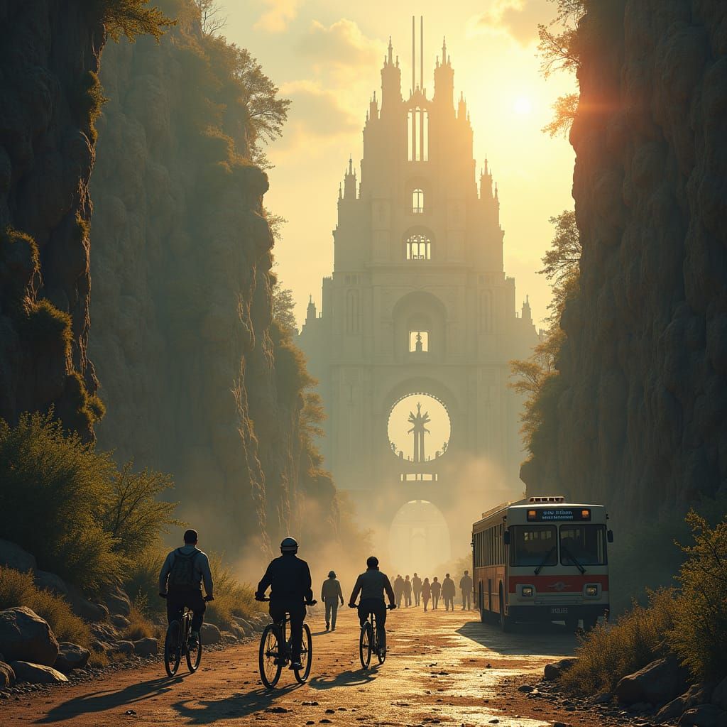 Queue of Explorers at Ancient Ruin in Retro Sci-Fi Style