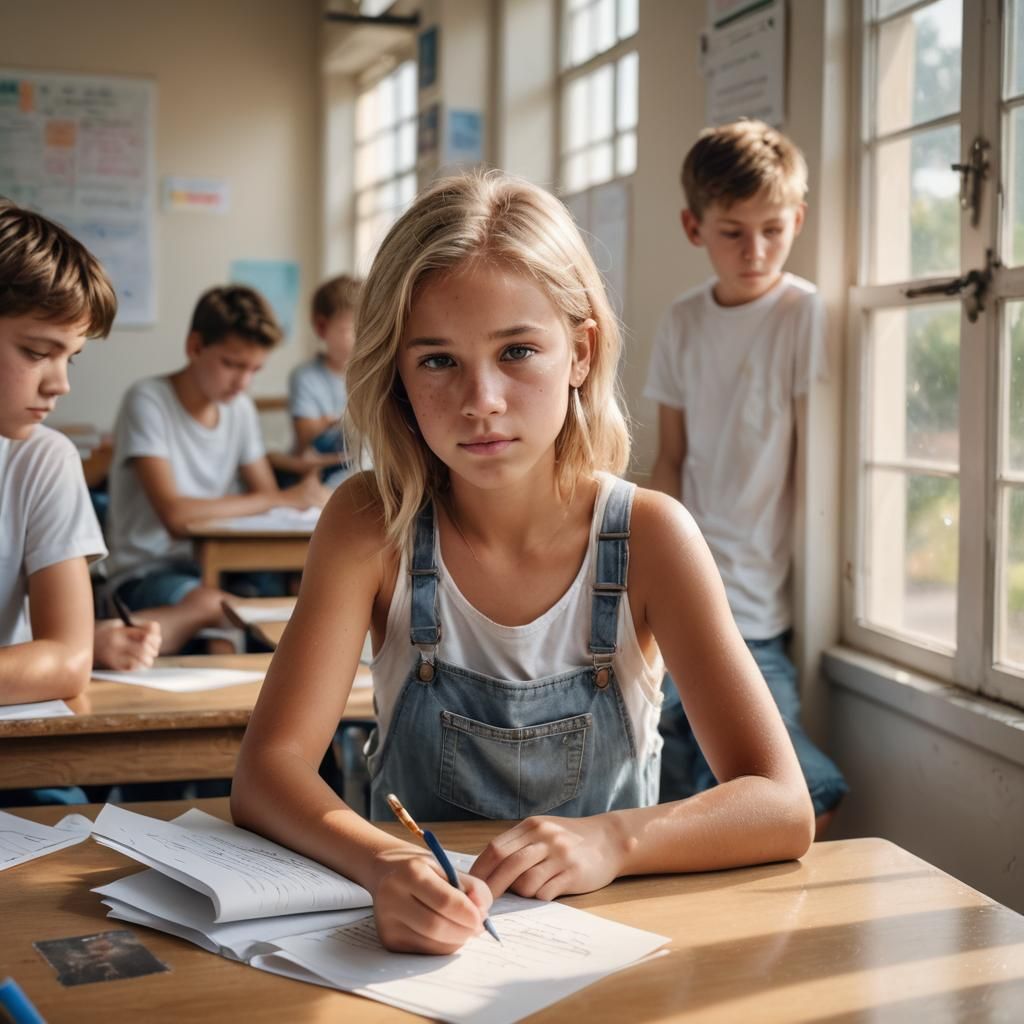 Sad Girl in Classroom: A Photorealistic Portrait