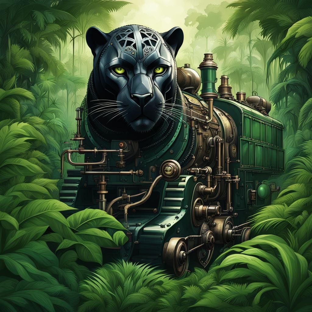 Black Panther in Jungle with Steampunk Engine