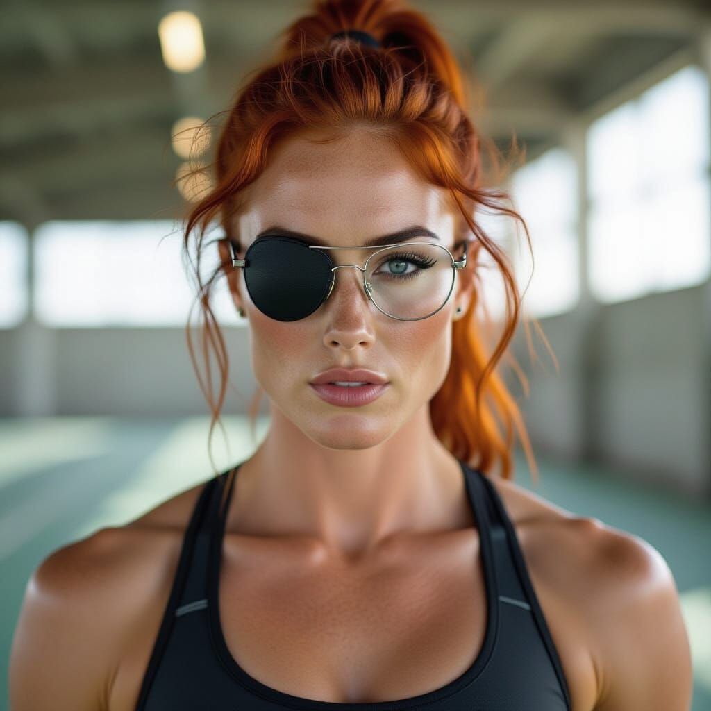 Muscular Redhead Woman in Sportswear with Eyepatch and Glass...