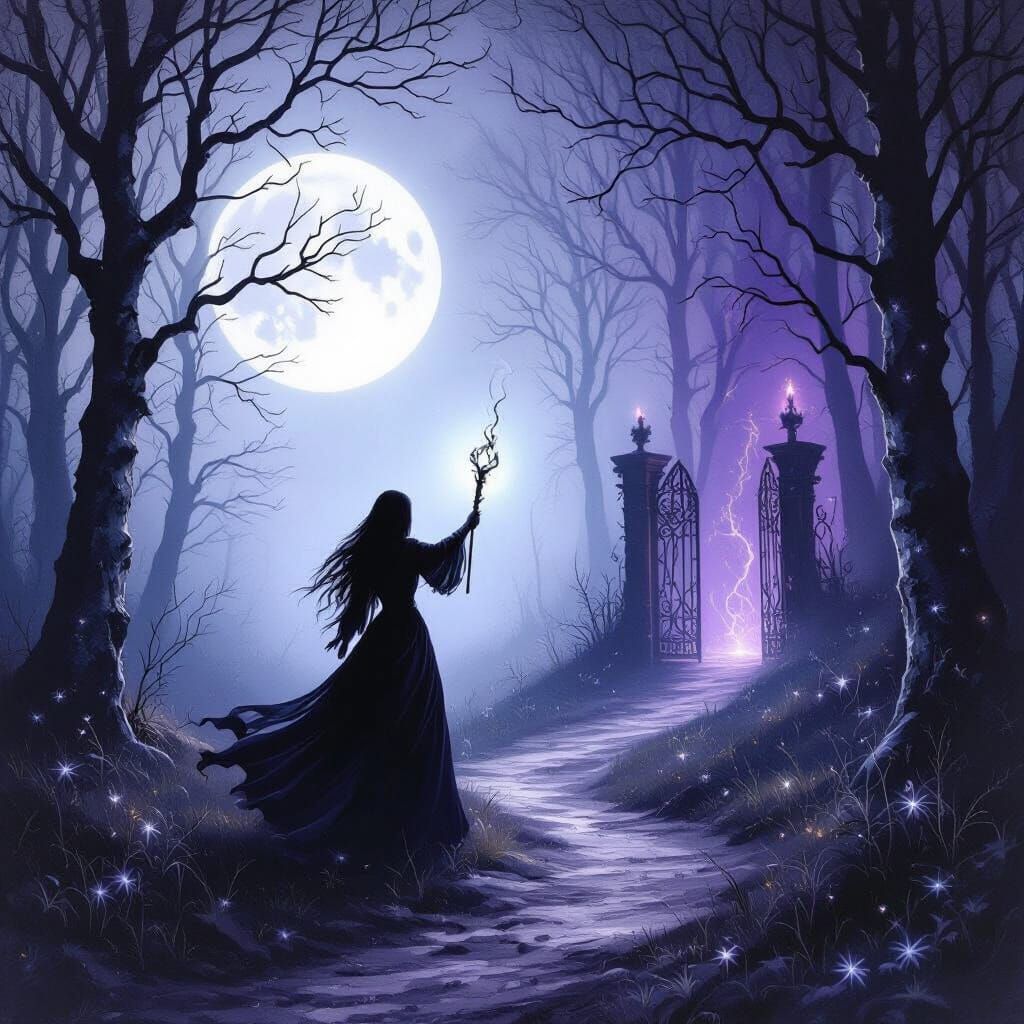 Witch Navigates Twilight Forest Between Light and Shadow Gat...
