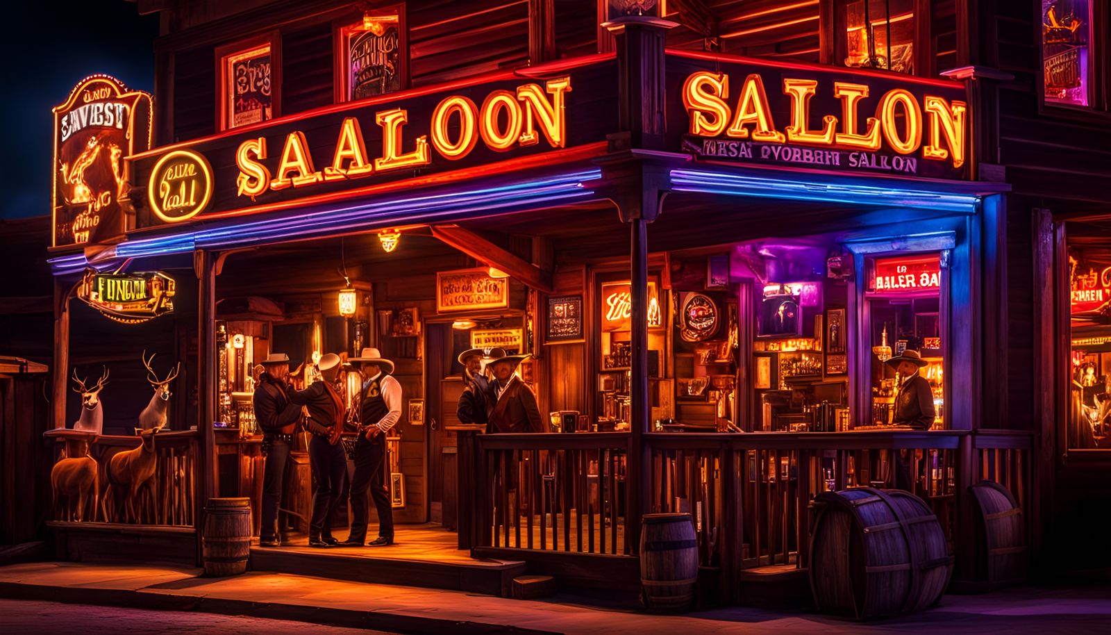 Old West Saloon Scene with Cowboys and Wildlife