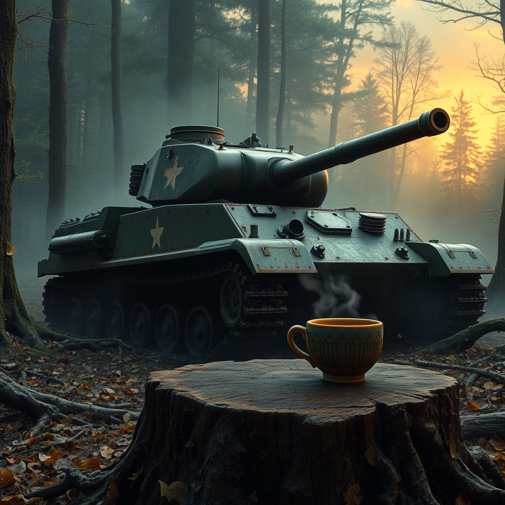 Sherman Tank on Forest Edge with Coffee