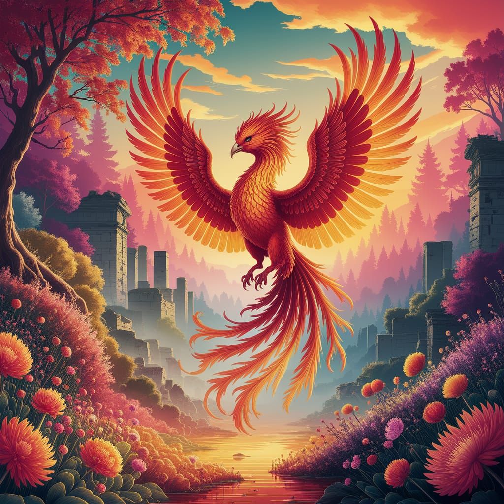 Majestic Phoenix Rises in Ethereal Landscape