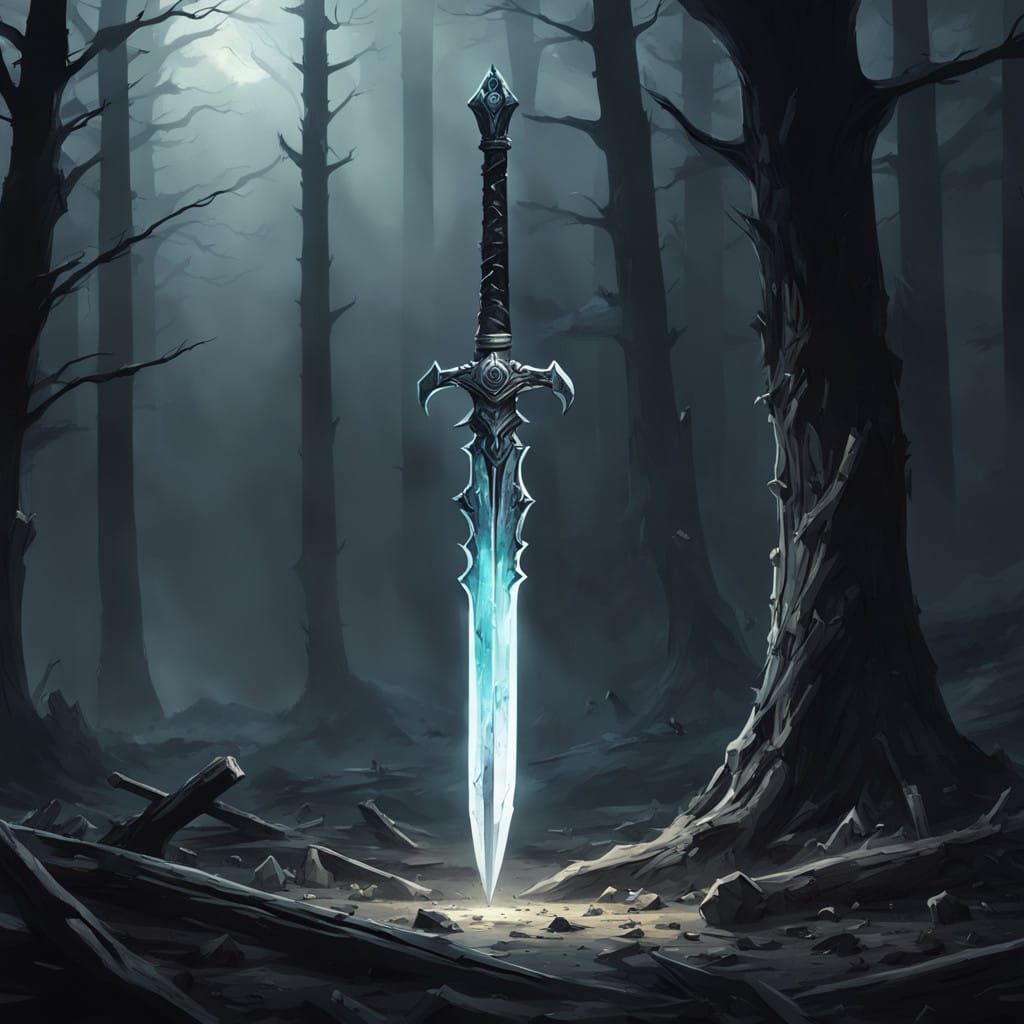 Glowing Blade Emerges from Dark Battlefield in Cyberpunk Aes...