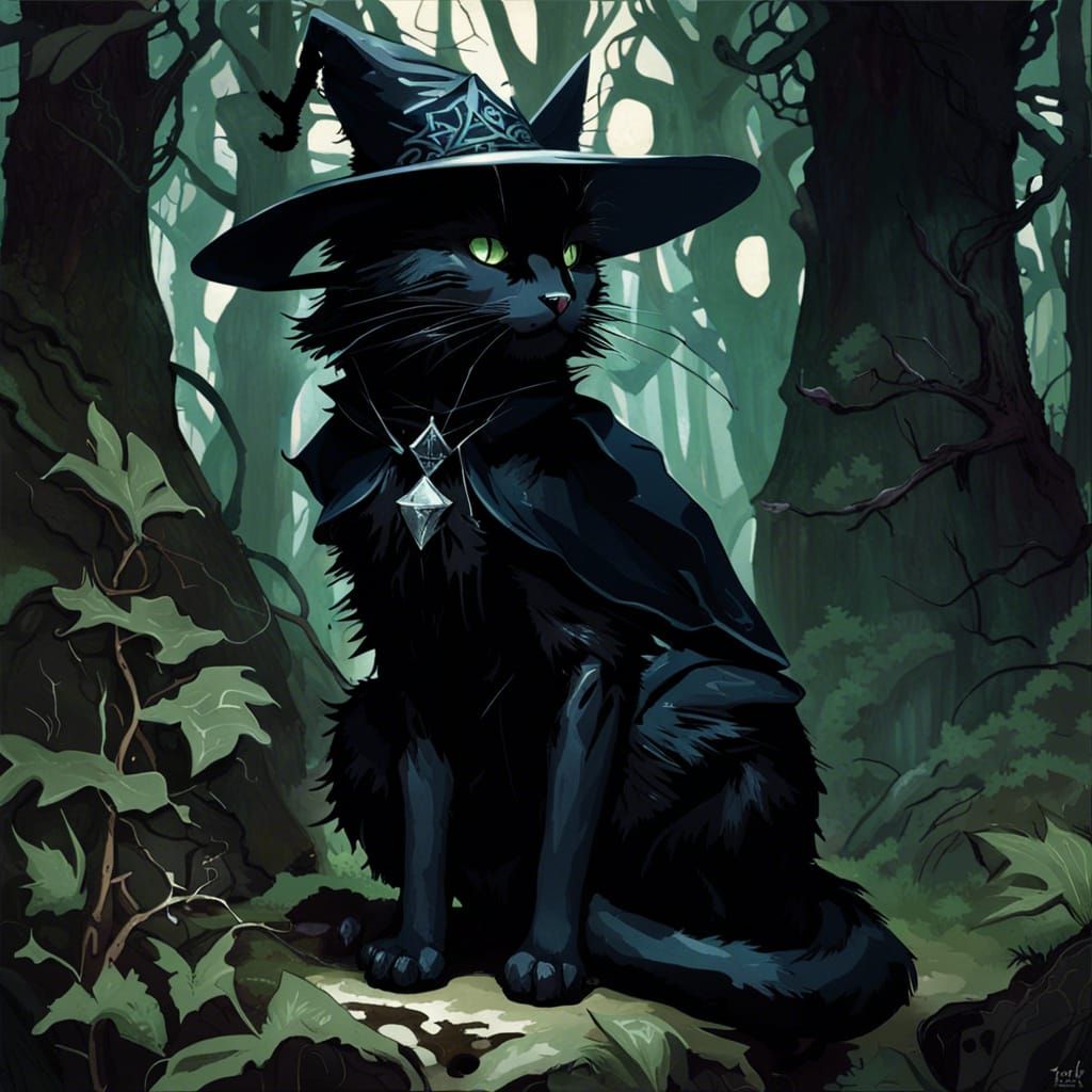 Magical Black Cat Witch in Forest