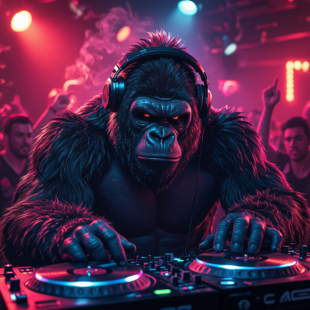 Gorilla DJ Scratches Records in Neon Nightclub