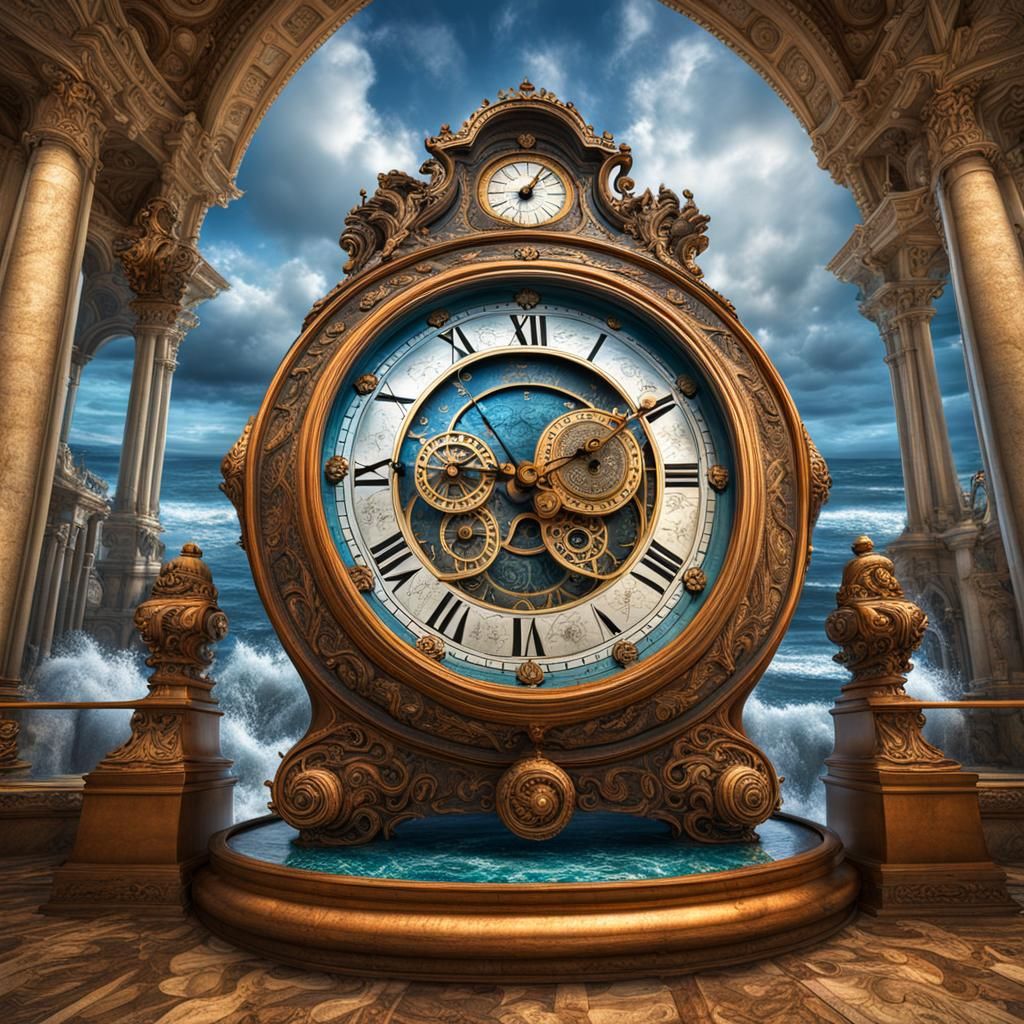 Elaborate Clock Surrounded by Ocean Waves