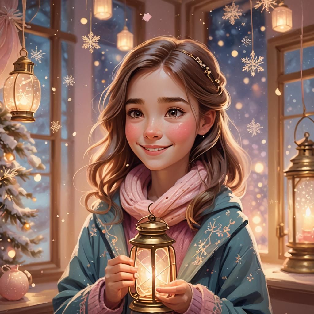 Cozy Winter Girl with Lantern: Disney-Inspired Digital Art