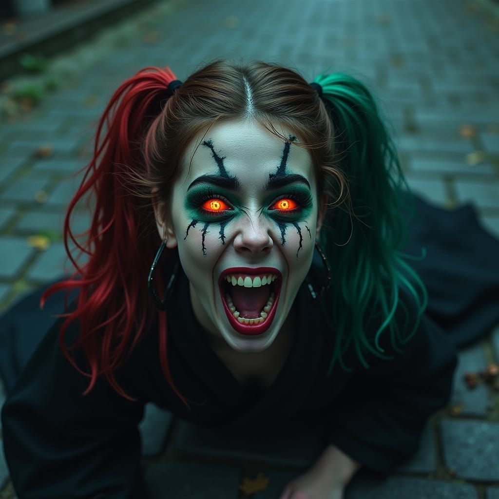 Teenage Slytherin Girl in Gothic Horror Pose with Vibrant Pi...