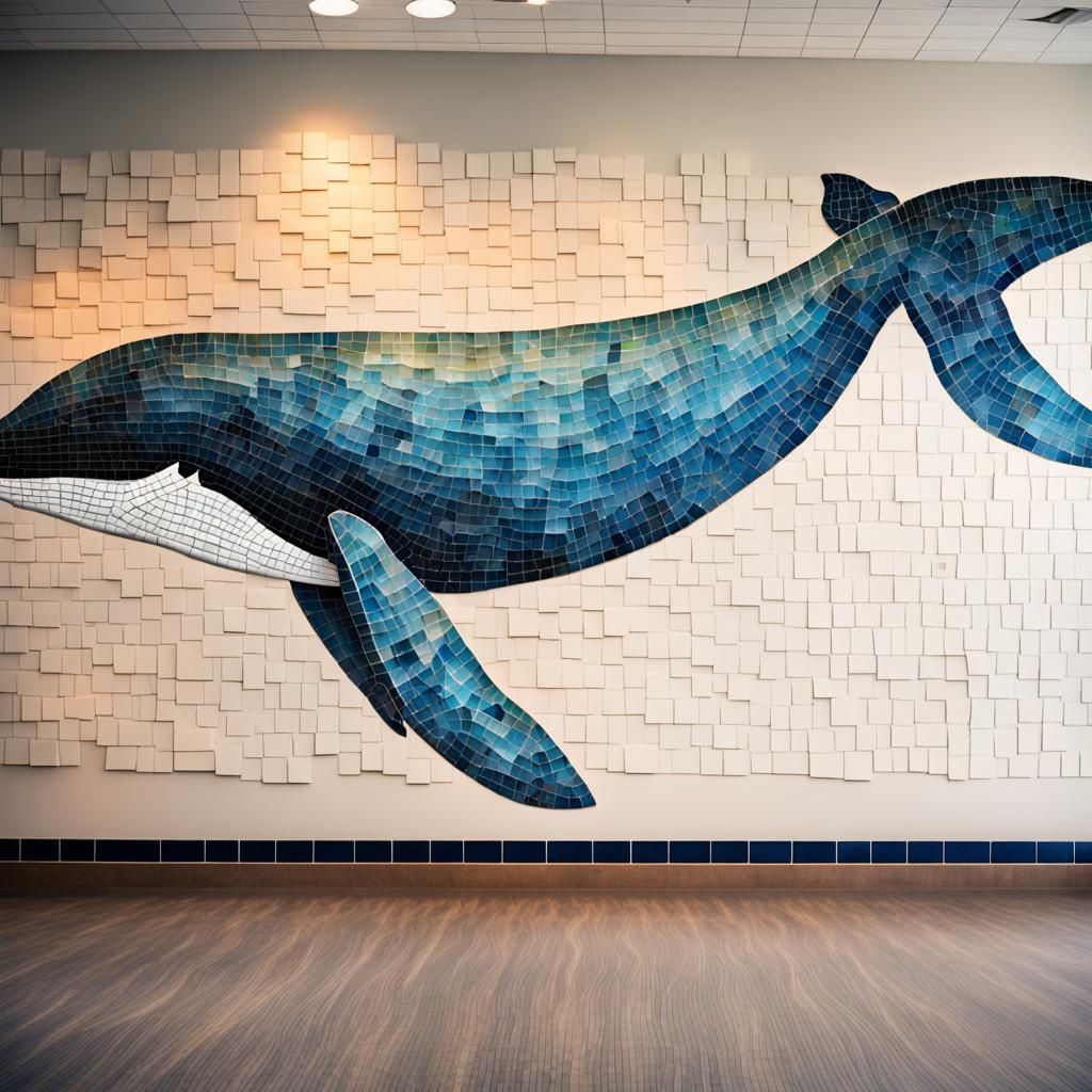 Mosaic Mural of Whale Swimming Near Beach