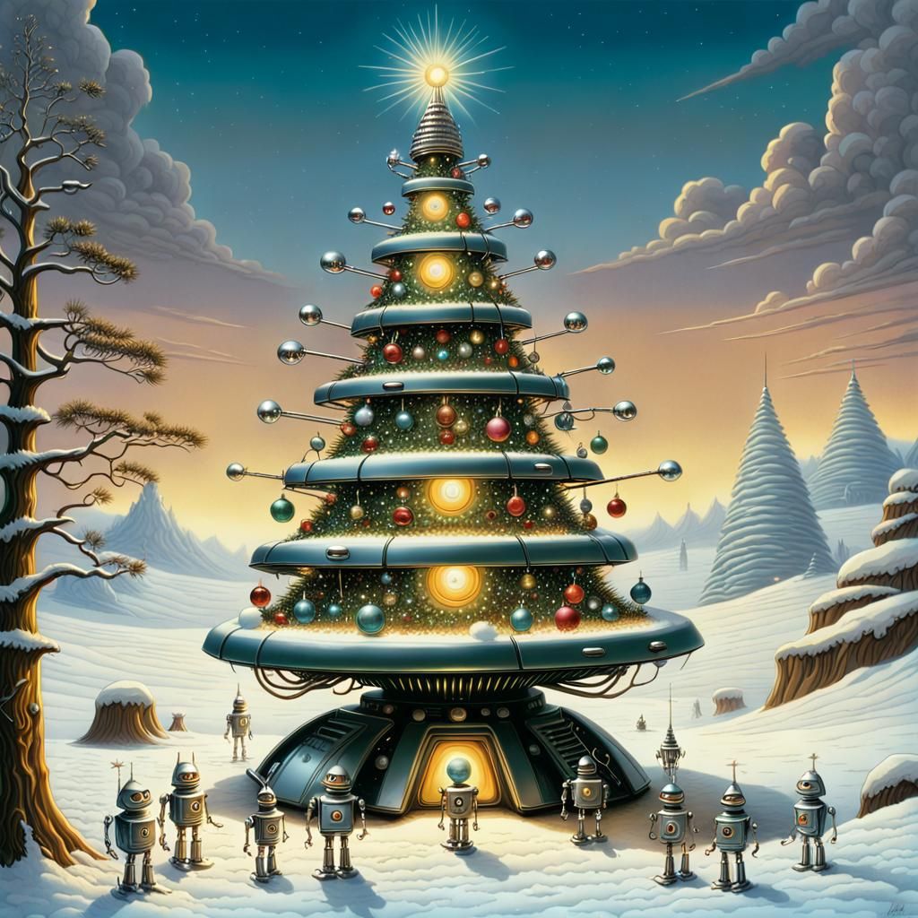 Unconventional Christmas tree made entirely of tiers of tiny retro vintage robot cyborg toys in the shape of a christmas...