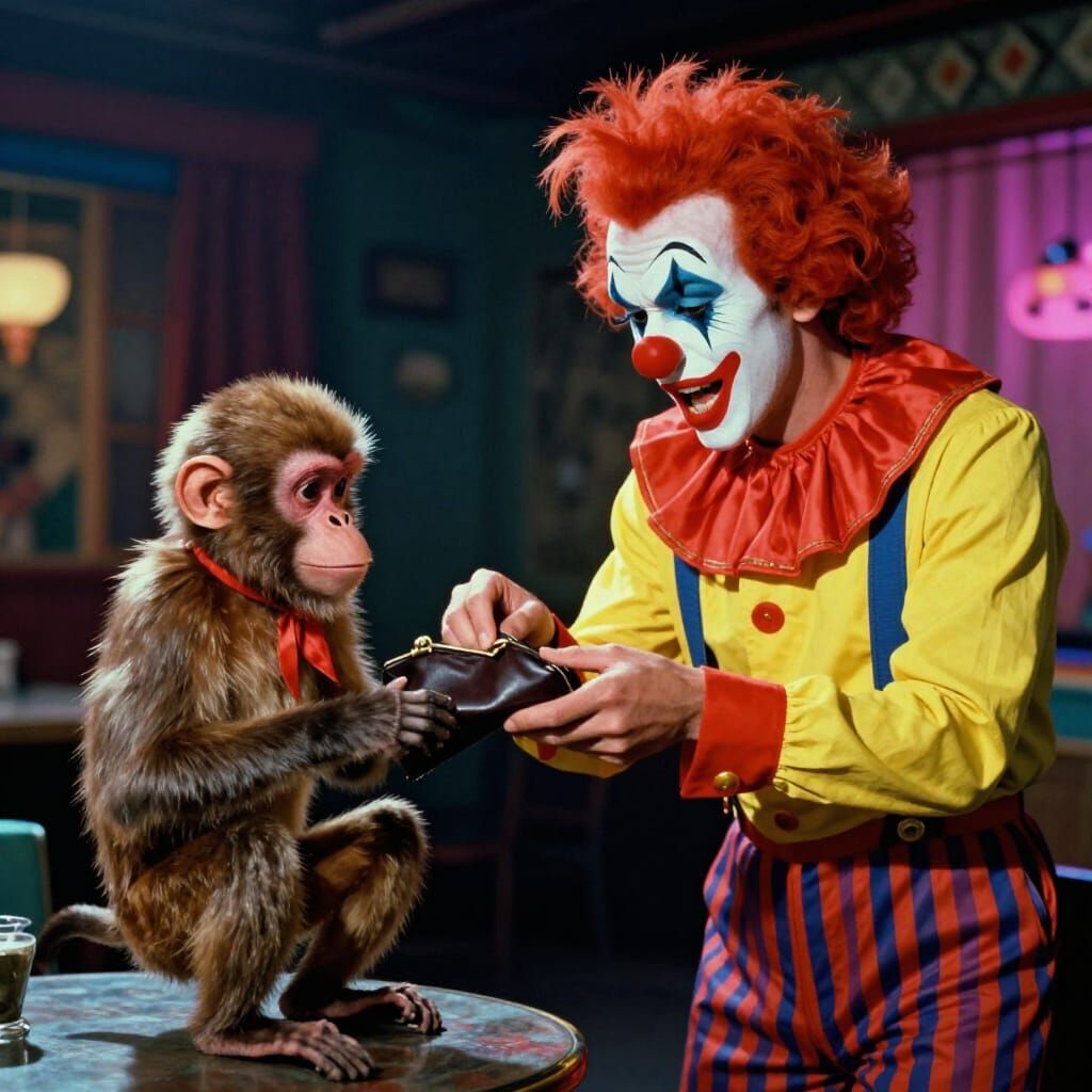Retrofuturistic Clown and Monkey Heist in 80s Style