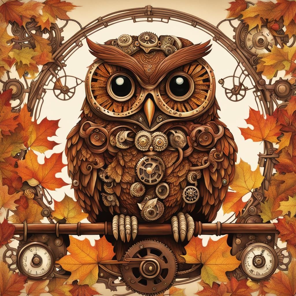 Steampunk Owl with Autumn Leaves