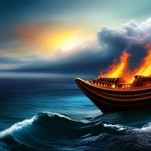 Greek Boat Sailing on Ocean of Greek Fire