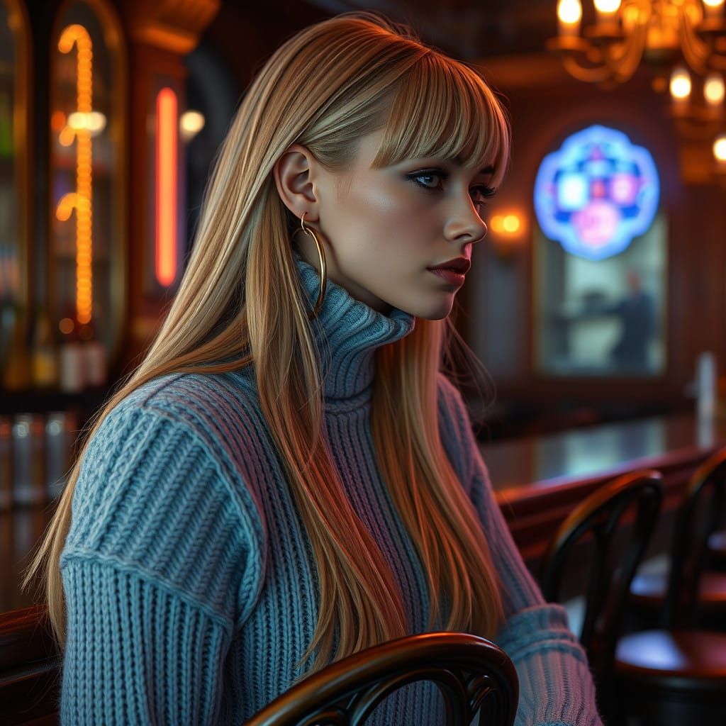 Woman in Baby Blue Sweater, Long Blond Hair, and Hoop Earrin...