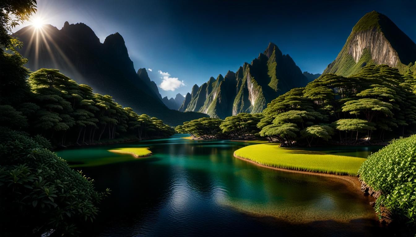 Mythical Shangri-La in Hyperrealistic Photorealistic Style