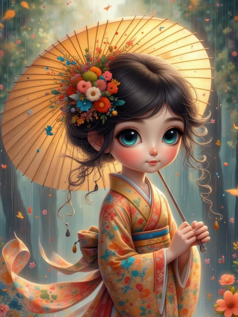 Chibi Geisha in Rain, Watercolor Style