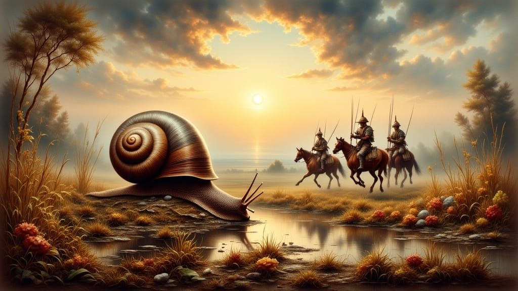 Hyperrealistic Snail vs Soldiers in Flemish Renaissance Styl...