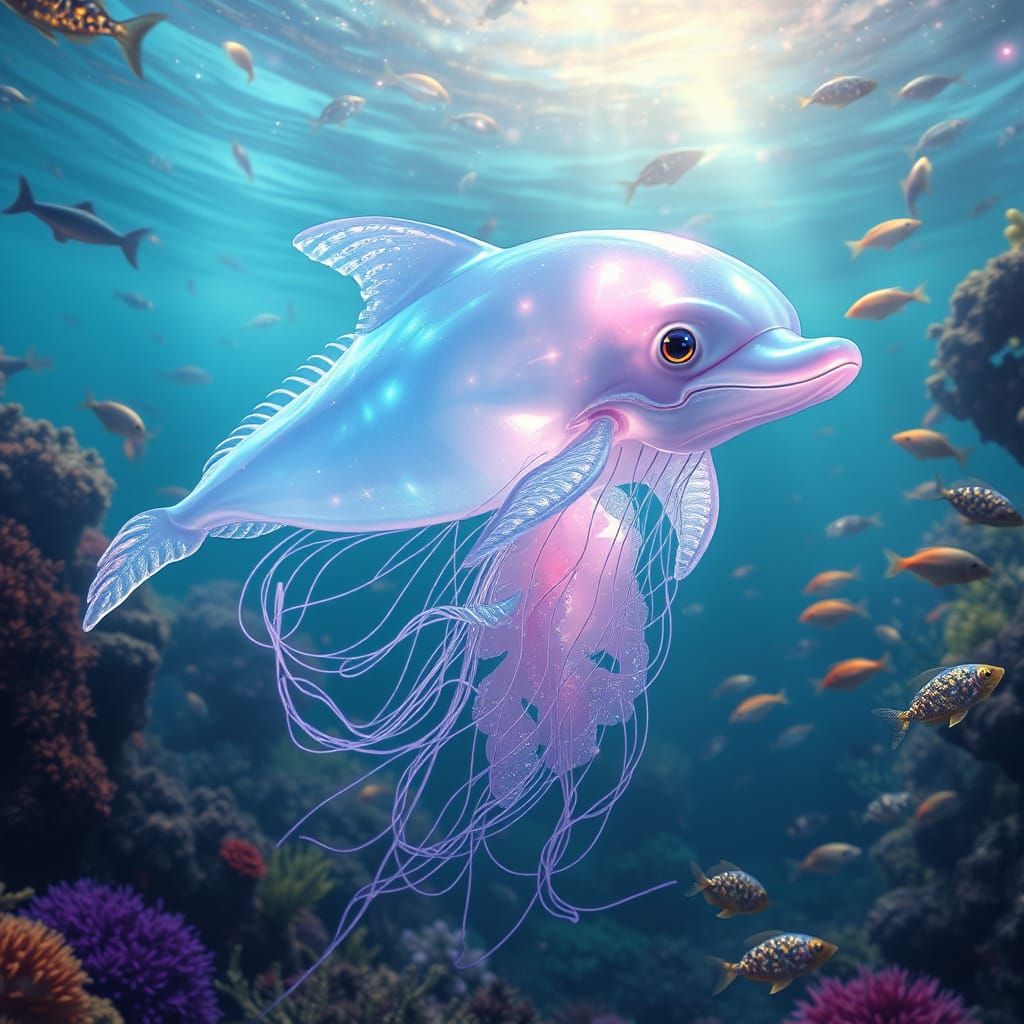 Ethereal Jellyfish-Dolphin Hybrid in Tropical Ocean