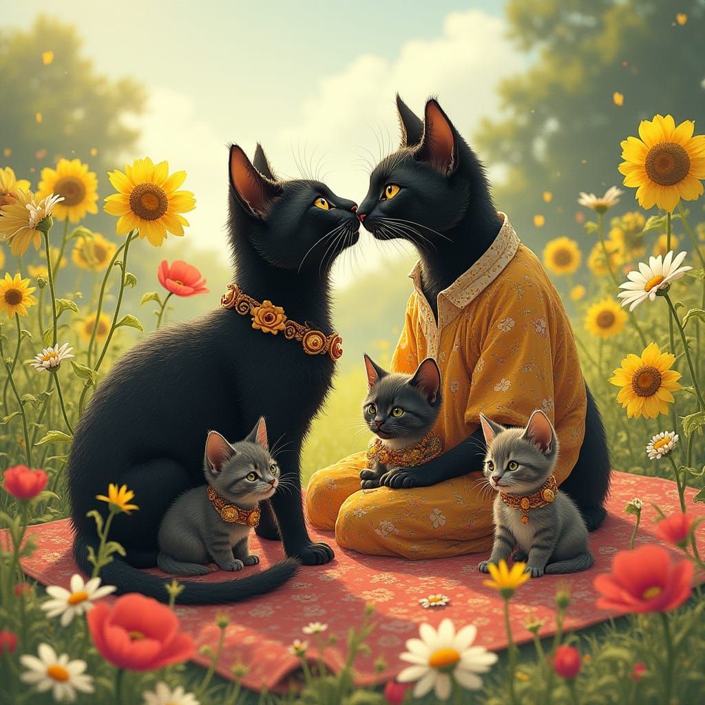 Bohemian Cats' Picnic: A Blend of Art Styles