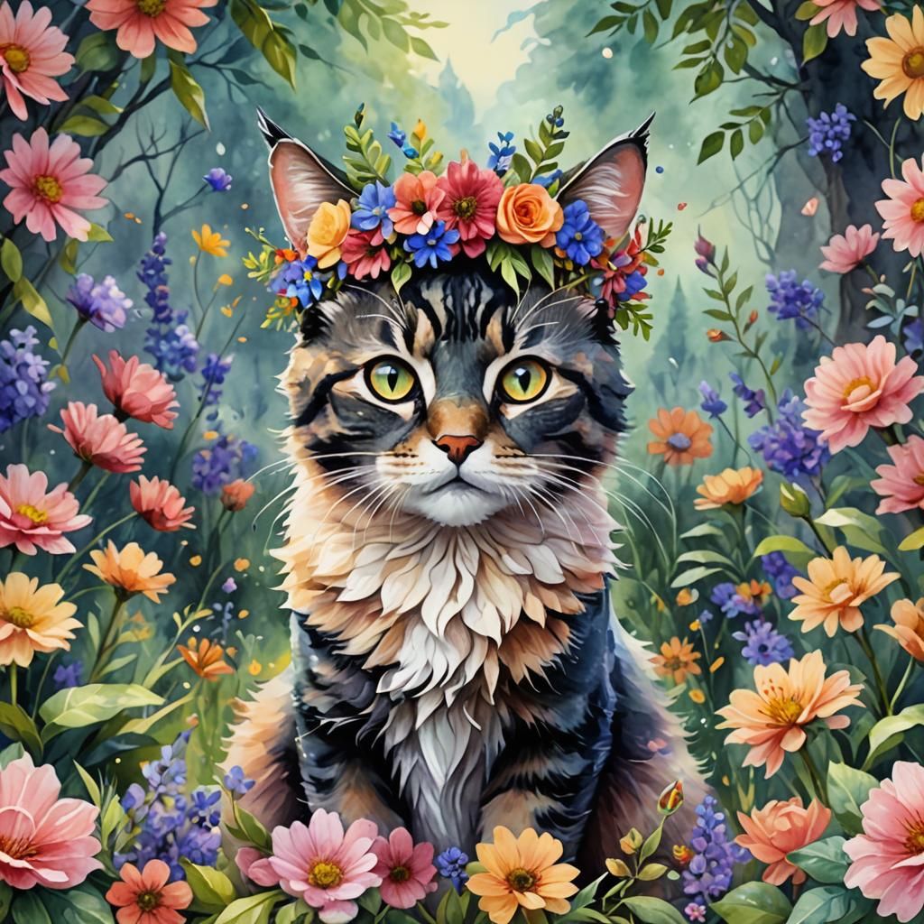 Magical Manecoon Cat with Flower Crown in 3D