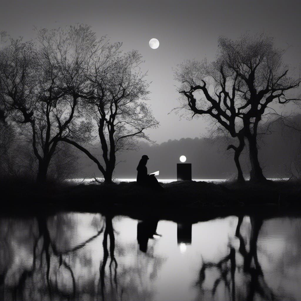 Minimalist Monochrome Woman Reading by River at Night