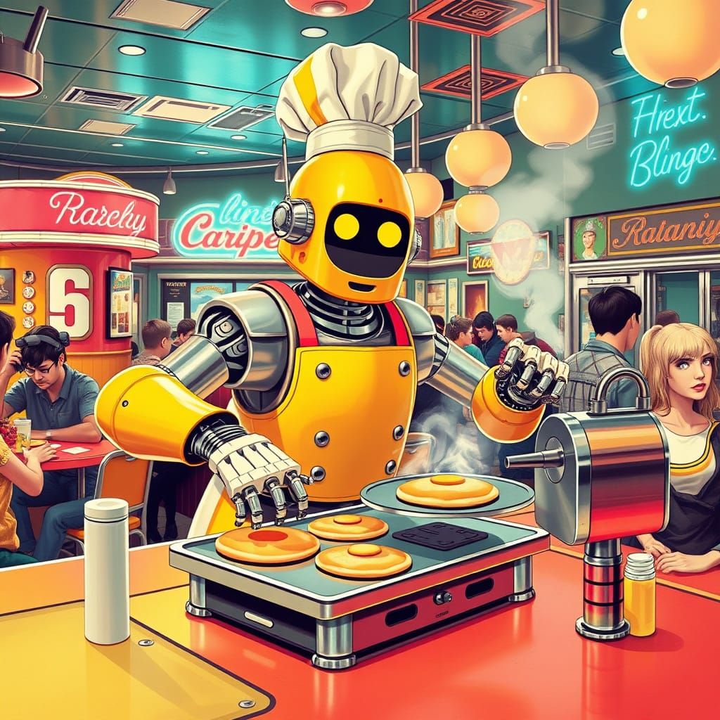 Retro-Futuristic Robot Chef Flips Pancakes in Vibrant Diner
