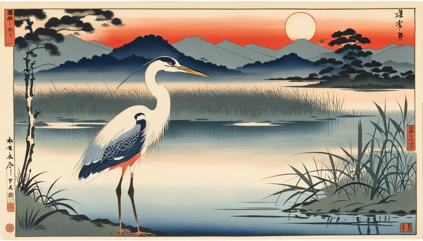 Heron at Sunset Marsh in Ukiyo-e Style