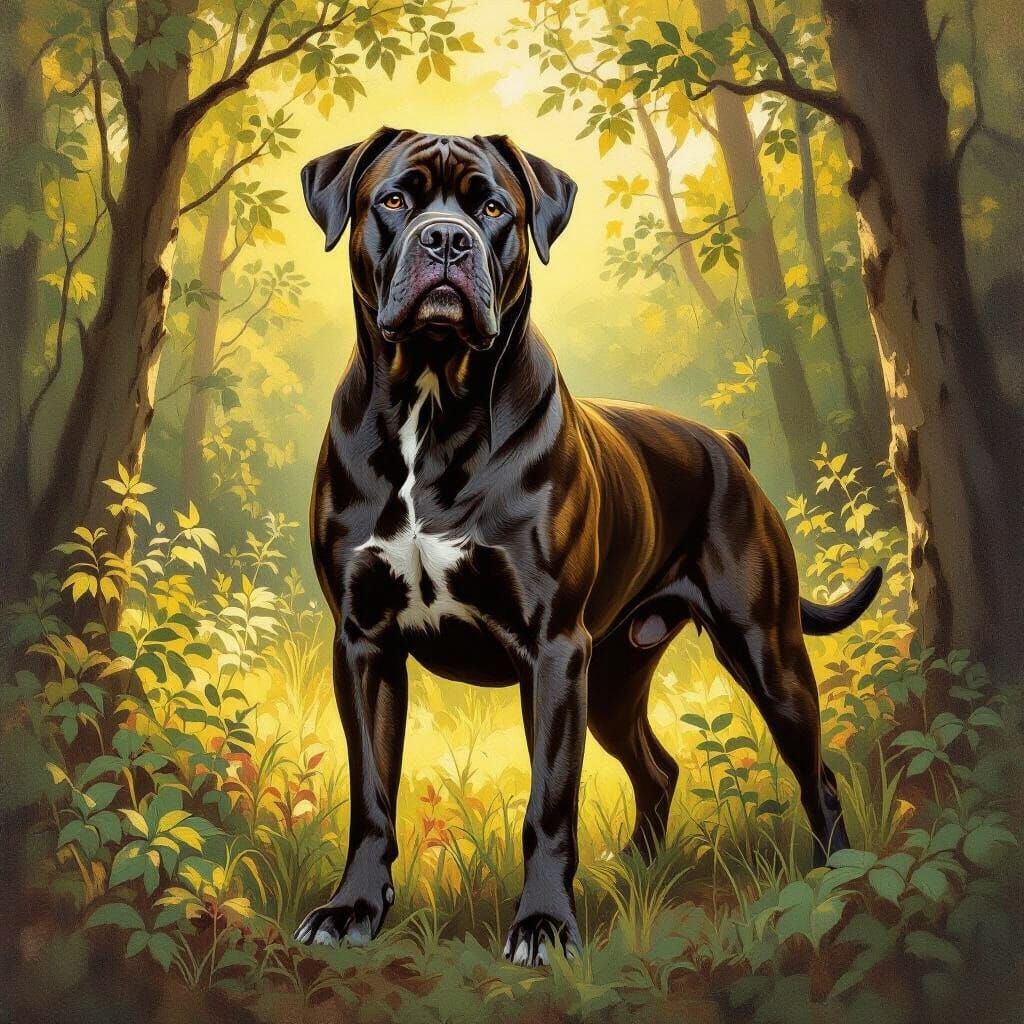 Majestic Cane Corso in Sun-Dappled Forest Oil Painting
