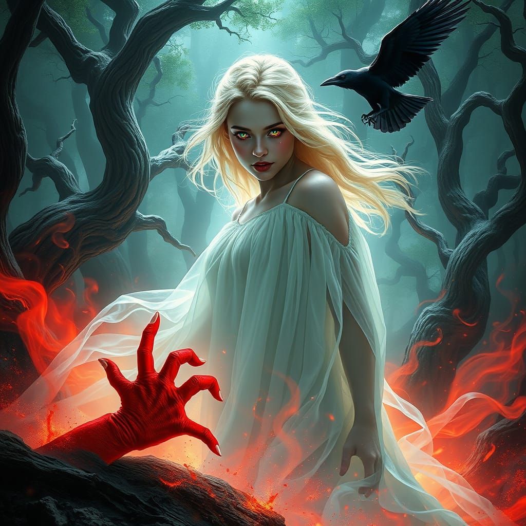 Ethereal Goddess with Crimson Pupils and Red Hand in Primeva...