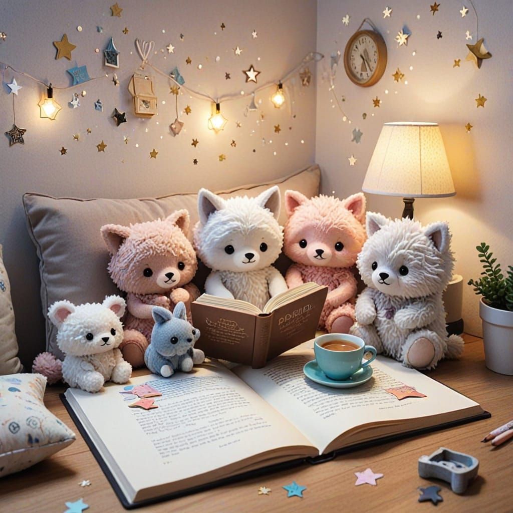 Cozy Whimsical Reading Scene in Scrap-A-Doodle Style