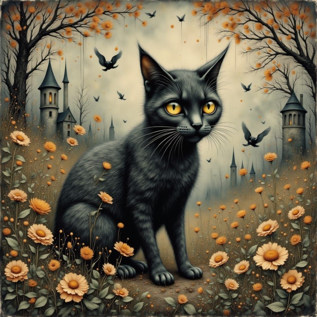 Surreal Cat in an Ethereal Autumn Landscape