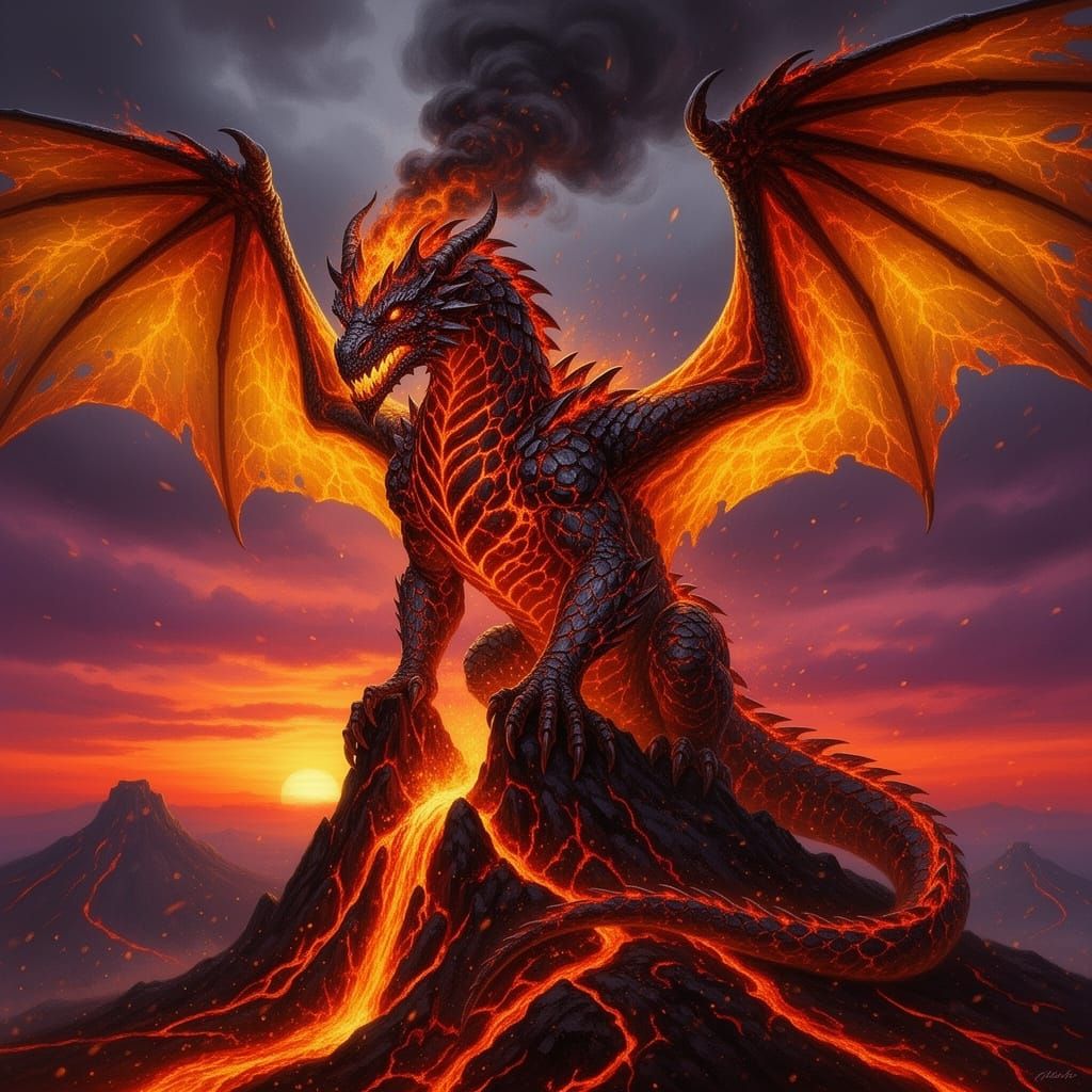 Majestic Lava Dragon Perched on Volcanic Peak