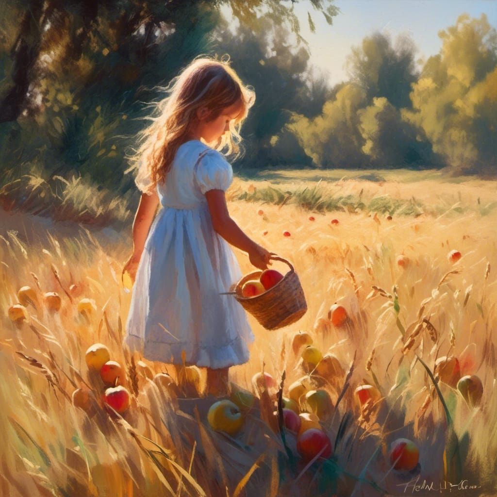 Girl Gathering Apples in Impressionist Style